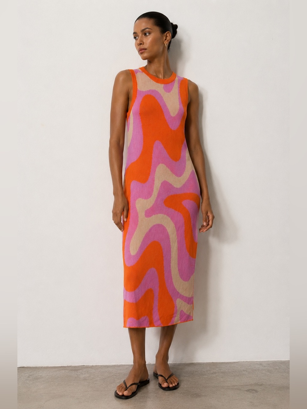 Wild Fable Abstract Knit Tank Midi Dress Size L Pink Orange Retro Swirl